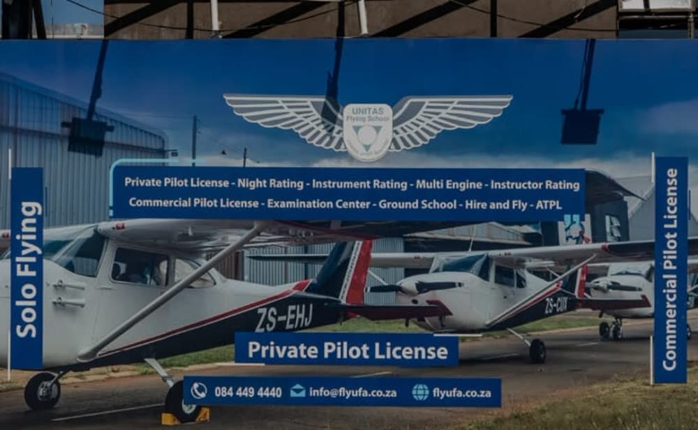 Unitas Flying Academy course banner listing Private Pilot Licence, Night Rating, Instrument Rating, Multi Engine, Instructor Rating, Commercial Pilot Licence, Examination Centre, Ground School, Hire and Fly, and ATPL